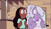 a couple of cartoon characters standing next to each other with cn written on the bottom