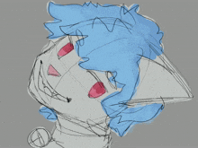 a drawing of a person with blue hair