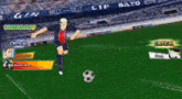 two soccer players are playing a video game and one has the number 4 on his shirt
