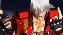 a devil may cry character eating a slice of pepperoni pizza