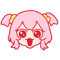 a cartoon drawing of a girl with pink hair and big red eyes