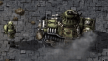 a soldier is standing next to a tank on a brick floor in a video game .