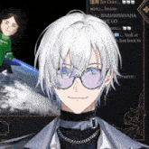 a man with white hair and blue eyes wearing glasses