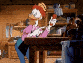 a cartoon character is sitting at a table holding a screwdriver .