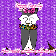 a happy tuesday greeting card with a penguin wearing a bow