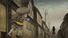 a girl in a red skirt is walking down a street with a boy in a striped shirt