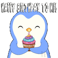 a penguin is holding a cupcake with the words happy birthday to me written above it