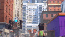 a cartoon scene with a robot and a girl in a city