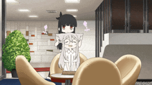 a cartoon drawing of a girl sitting on a chair with a pillow on her head