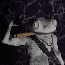 a frog with a sword on its shoulder has a belt around its waist and a purple background