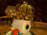 a cartoon character holding a roll of toilet paper in front of a monster