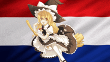 a witch is sitting on a broom in front of a red white and blue flag