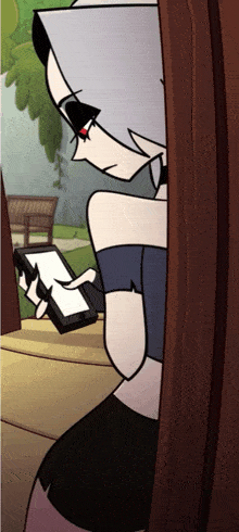 a cartoon of a woman looking at her phone