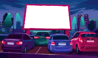 a row of cars are parked in front of a drive-in movie theater at night .