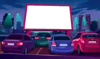 a row of cars are parked in front of a drive-in movie theater at night .