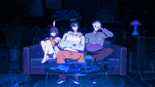 three anime characters are sitting on a couch with a bottle of pepsi