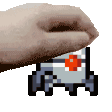 a hand is holding a pixel art ambulance with a red cross .