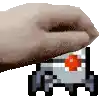 a hand is holding a pixel art ambulance with a red cross .
