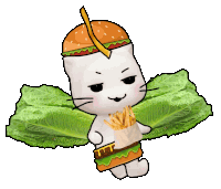 a cat with a hamburger on its head is holding french fries