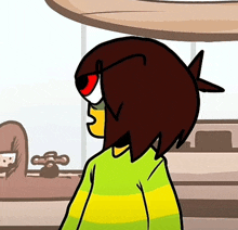 a cartoon character with brown hair and a yellow and green shirt