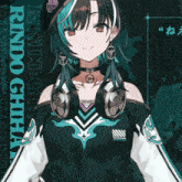 a girl wearing headphones and a choker stands in front of a sign that says " rindo chita "