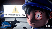 a cartoon character is looking at a computer monitor that says no internet connection