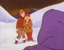 a couple of people standing in the snow with a purple object behind them