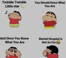 four pictures of a cartoon character with the words twinkle twinkle little star and once you know what you are