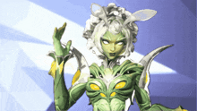 a cartoon drawing of a green alien with white ears