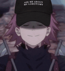 a person wearing a black hat that says ask me about my lobectomy