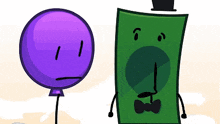 a purple balloon and a green dollar bill are standing next to each other on a white background .