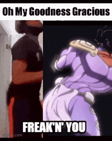 a man is standing next to a picture of a cartoon character and says `` oh my goodness gracious freak 'n you ''