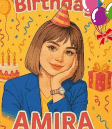a birthday card for amira with a girl wearing a party hat and a watch