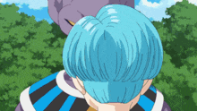 a cartoon character with blue hair stands next to another character