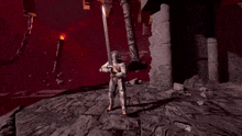 a person is holding a sword and a bow in a video game