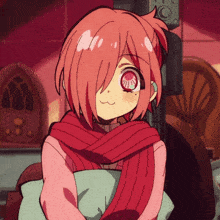 a girl with pink hair and red eyes is wearing a pink scarf and a pink sweater .
