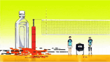 a volleyball is being thrown over a volleyball net while two volleyball players are standing next to it .