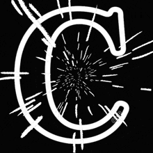 a white letter c on a black background with a lot of rays coming out of it .