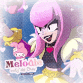 a cartoon character named melodie is holding a stuffed animal