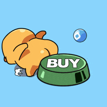 a cartoon character is pressing a green button with the word buy on it