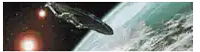 a space ship is flying over a planet