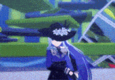a cartoon girl with long blue hair and a black hat is standing in front of a green wall .