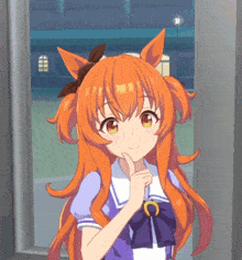 a cartoon girl with long orange hair and a purple bow