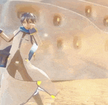 a 3d anime character is dancing in front of a building with candles .