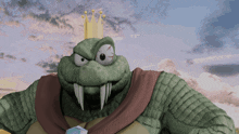 a crocodile with a crown on his head looks angry