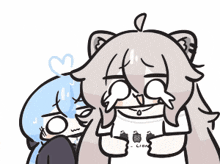 a cartoon drawing of a girl and a lion holding a piece of paper