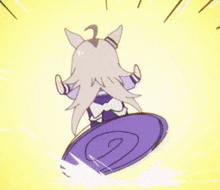 a cartoon character is riding a purple swirl on a yellow background .