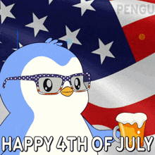 a penguin wearing sunglasses holds a mug of beer in front of an american flag