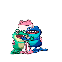 a group of frogs are hugging each other