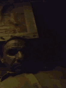 a close up of a person 's face in a dark room with a statue in the background .
